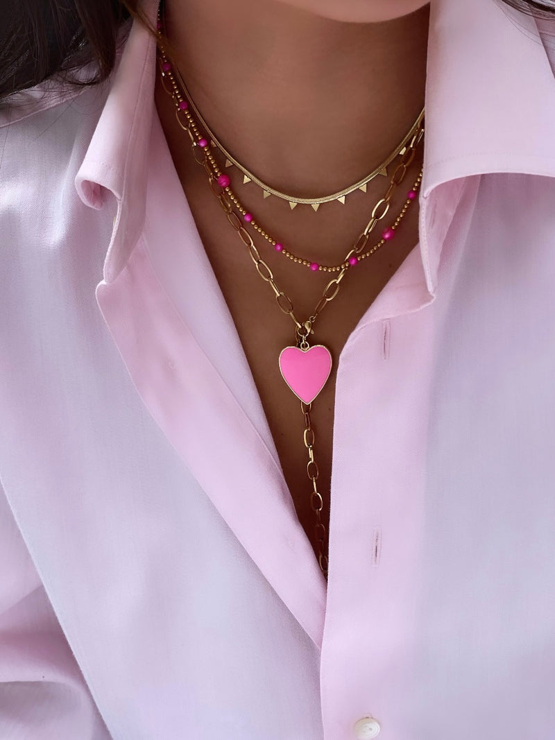 Pink Heart Y Chain Necklace