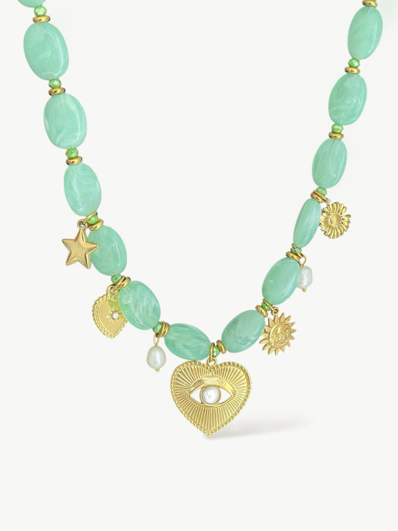 Boho Beaded Charm Necklace Green