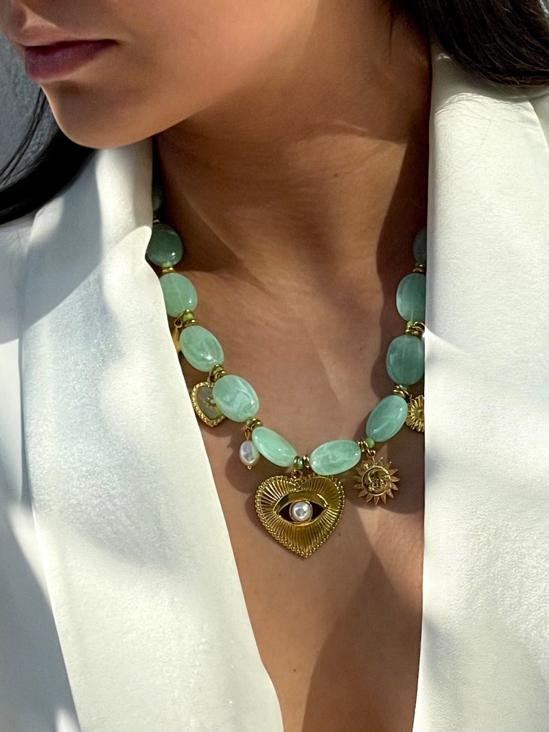 Boho Beaded Charm Necklace Green