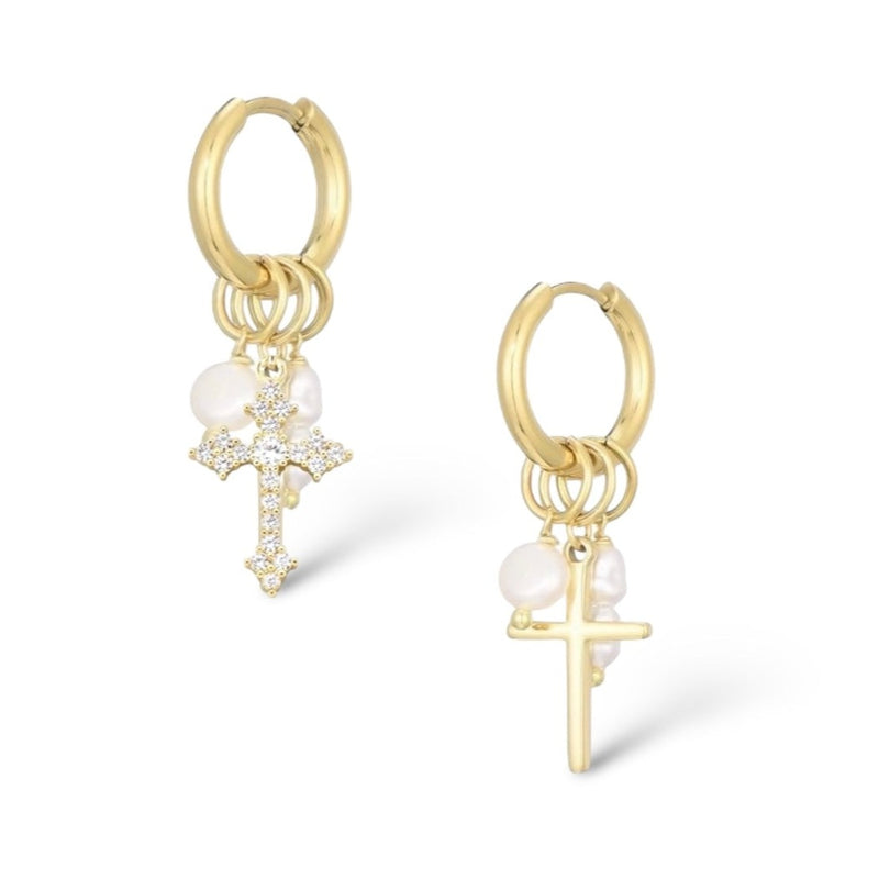 cross earrings pearls |pearl cross earrings | bedel oorbellen