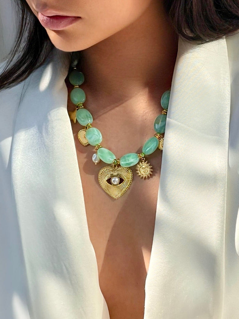Boho Beaded Charm Necklace Green