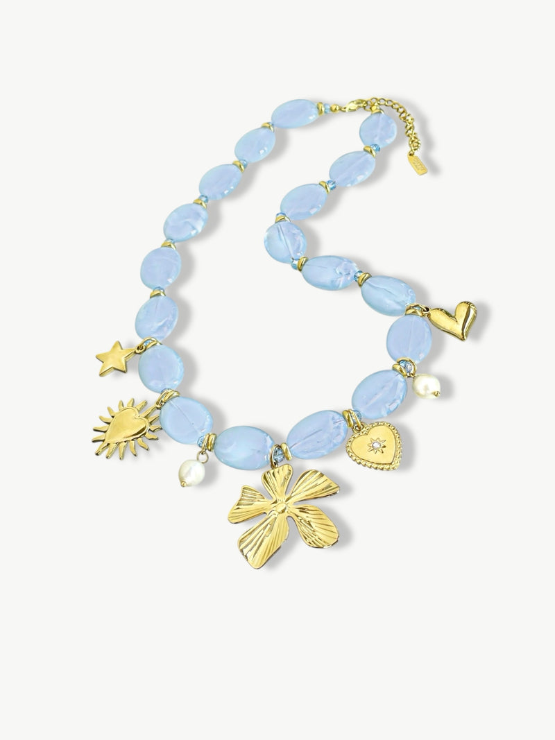 Boho Beaded Charm Necklace Blue