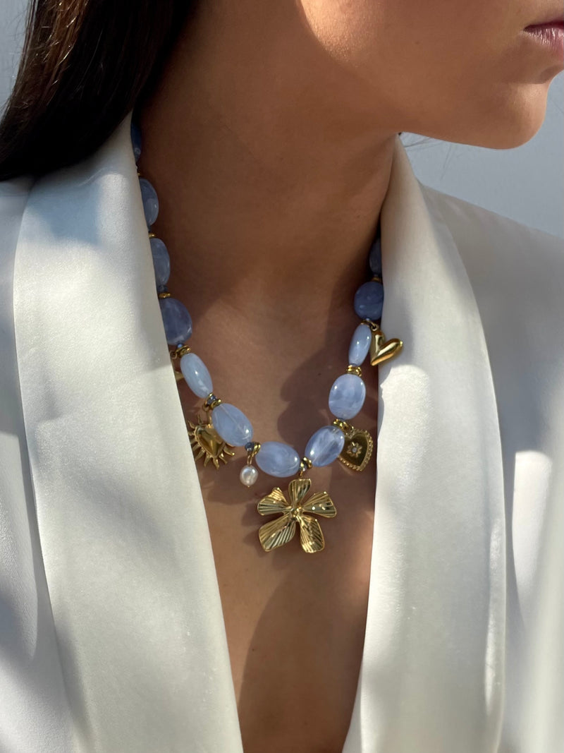Boho Beaded Charm Necklace Blue