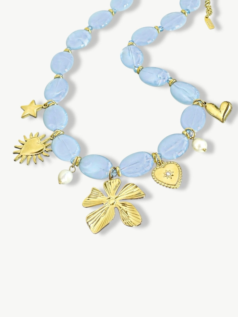 Boho Beaded Charm Necklace Blue