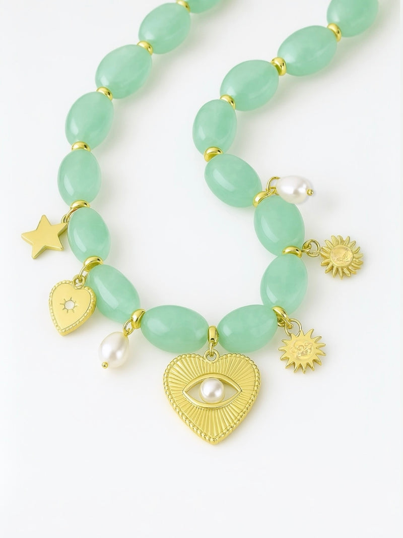 Boho Beaded Charm Necklace Green