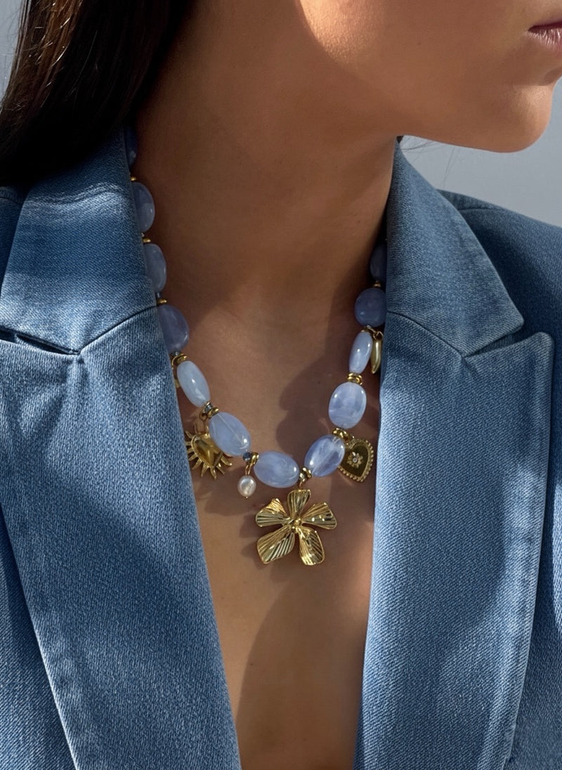 Boho Beaded Charm Necklace Blue