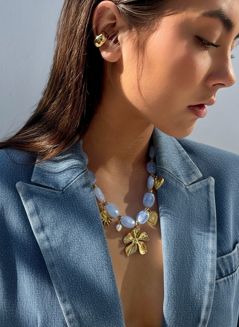 Boho Beaded Charm Necklace Blue