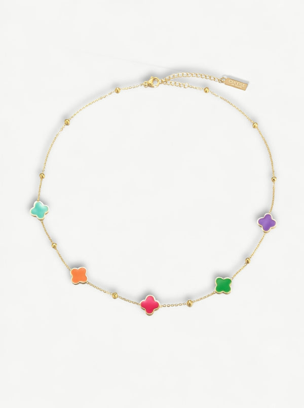 gekleurde klaver ketting| colorful clover necklace| ketting gekleurde klavertjes