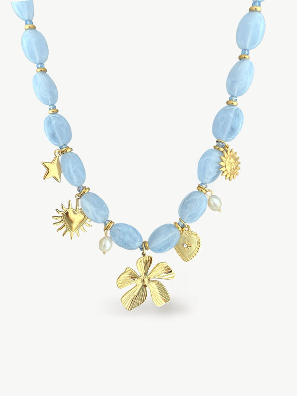 Boho Beaded Charm Necklace Blue