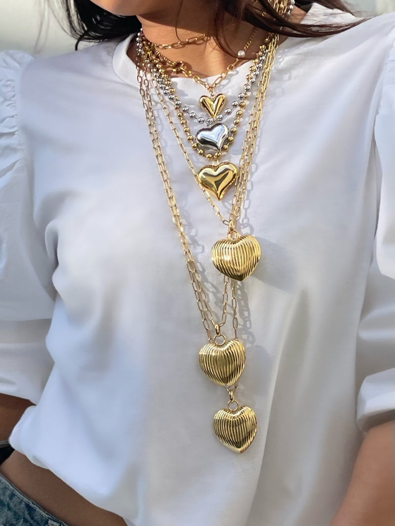 Ketting met hart- puffy heart necklace- heart necklace gold- golden heart necklace- ketting met gouden hart eraan - lange Damesketting 