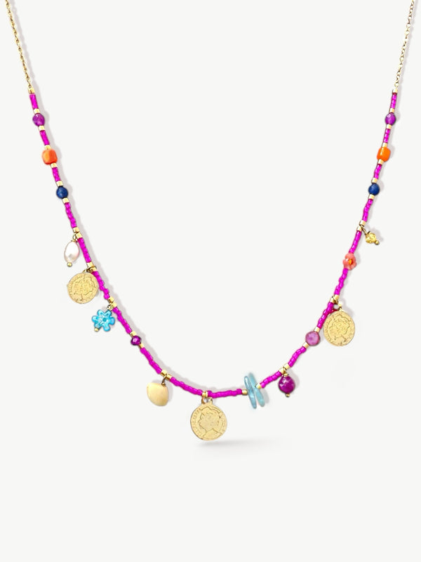 Beaded Coin Necklace Pink