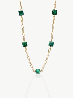 malachite necklace gold| necklace gold with malachite| damesketting bijenkorf| mooie damesketting met malachite stenen