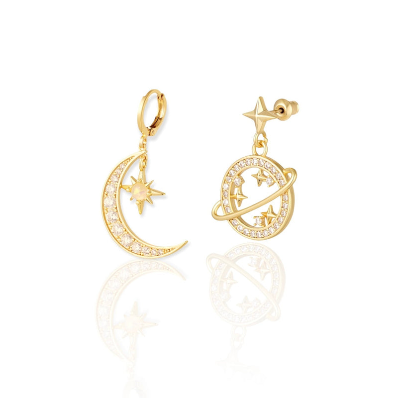 Moon & Star Stud Earrings in Sterling Silver & Sparkling Cubic Zirconia  Stones