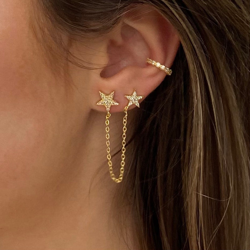 chained stars stud earring-gold-earring with two stars-swarovski-stones-the best place to buy gold fashion jewellery-webshop-sieraden-leuke sieraden-online-the best jewellery store online-most wanted jewellery-sieraden-bedels-