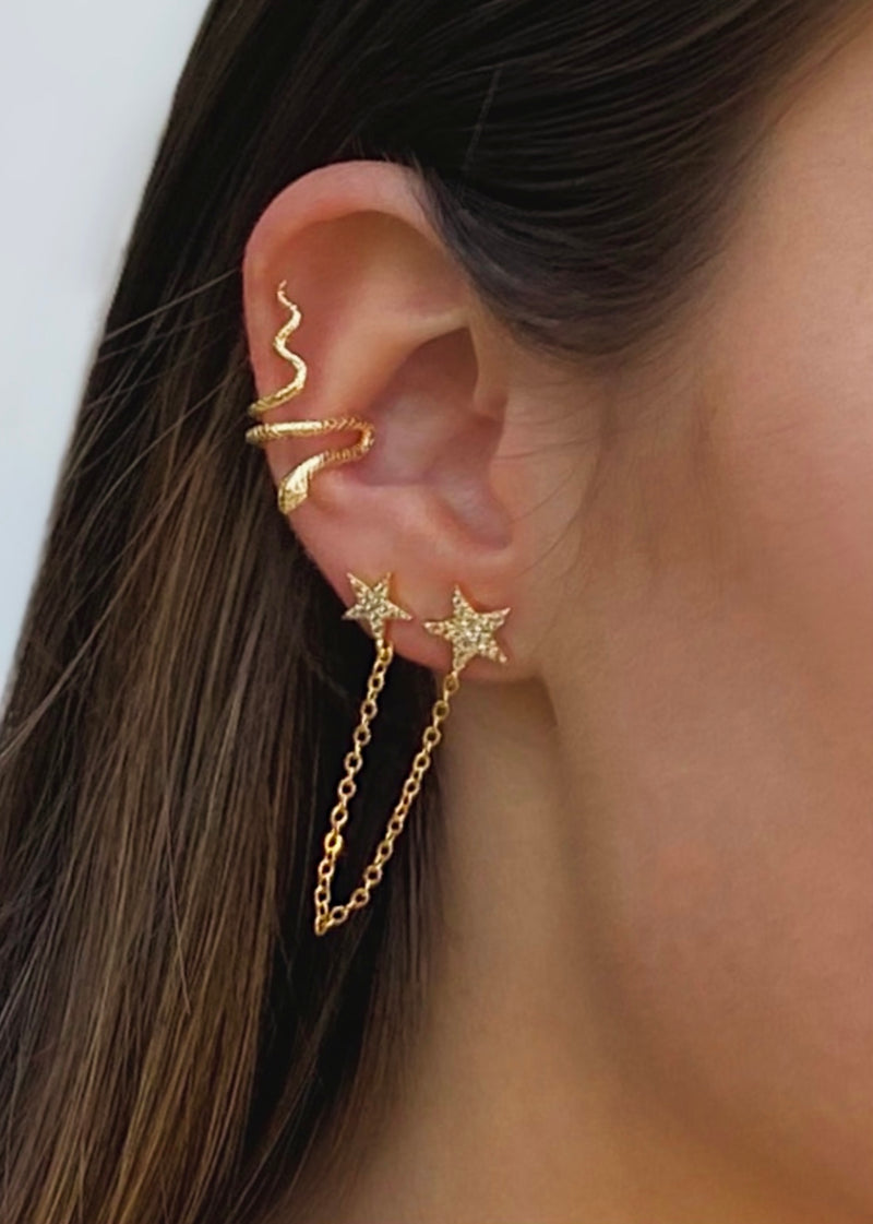 Snake ear cuff gold| golden snake earrings|star earrings gold|earrings with fine chain|oorbellen met kettinkje