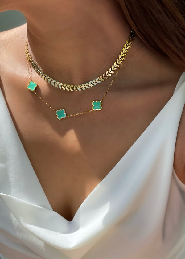 lucky clover necklace|olive leaf necklace gold|gold necklace|necklace with clover|clover necklace|ketting met klaver vier|klavertje vier damesketting|geluksketting