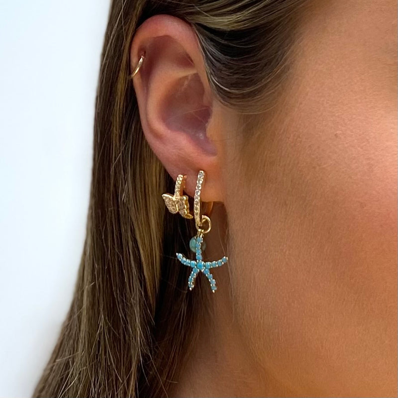oorbellen met zeester kopen|oorbellen met turquoise steentjes| earring turquoise stones|hippe sieraden online|vlinder oorbellen kopen 