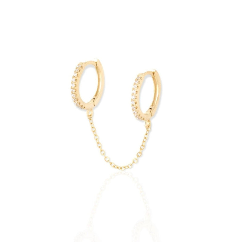 golden handcuff earring|double huggie with chain earring|oorbellen met ketting|hippe oorbellen|trendy sieraden online