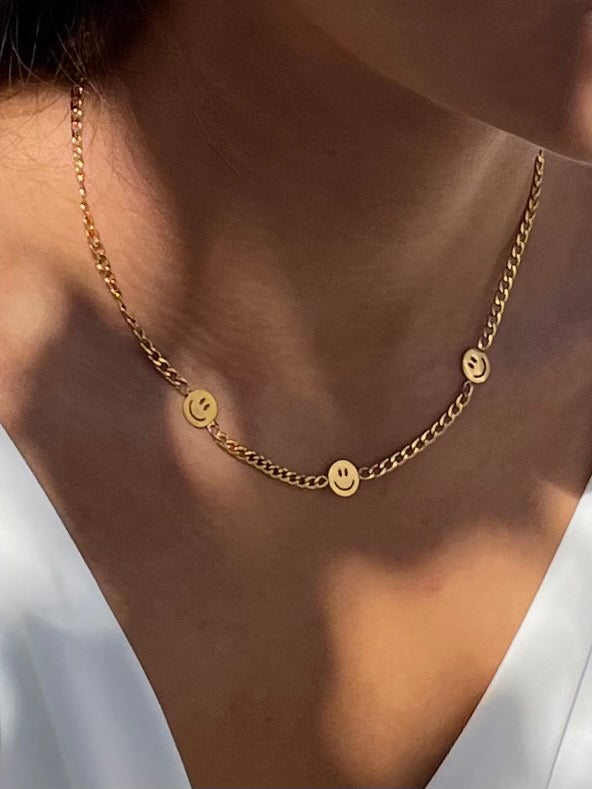 Triple Smiley Face Necklace Gold