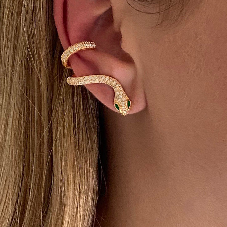 snake earrings|snake with cuff earring|slang oorbellen|ear cuff snake|snake earrings gold