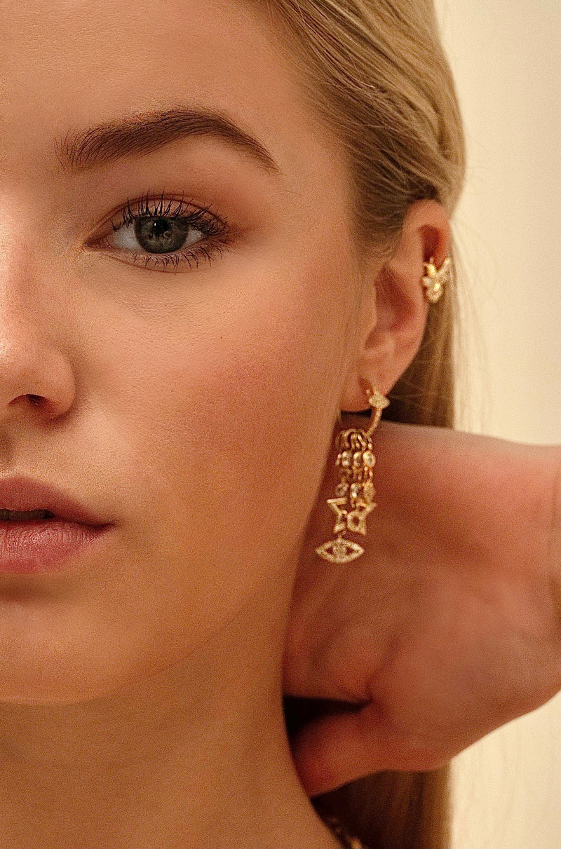 lucky stars earring choosebyfelice|statement earrings| earrings with lots of charms|dangling earrings gold|long golden earrings