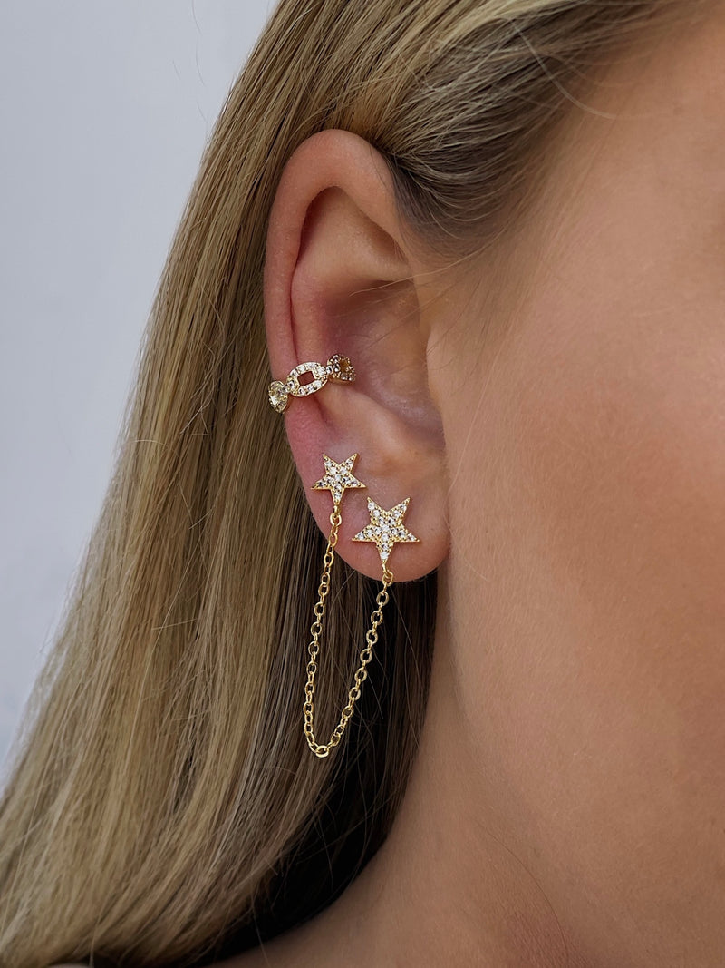 chained stars earring choosebyfelice|chain earrings|oorbellen met kettinkje|oorbellen met kettinkje|oorbellen voor twee gaatjes|ster oorbellen|